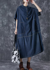 Vestidos de vacaciones de mezclilla con patchwork extragrandes en azul marino hechos a mano